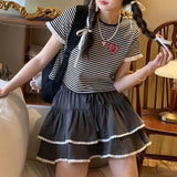 Kawaii Short Skirt Women Japanese Cute Lace Patchwork Lace-up Elastic Waist A-line Ruffle Mini Skirt Lolita Harajuku