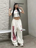 HiqdressDeeptown Korean Y2K White Sweatpants Women Streetwear Kpop Letter Print Sports Pants Oversized Hip Hop Wide Leg Jogging Trousers