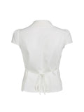 Solid Shirring Button Up Turn Down Collar Short Sleeve White Shirts Women Simple Casual Summer Clothes