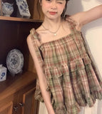 Vintage Square Collar Sweet Plaid Tanks Women Summer Casual Bow Bandage Tank Tops Japanese Kawaii Fairy Camisoles Y2k Aesthetic