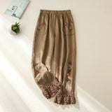 Women's Cotton Linen Pants Female Elastic Waist Floral Embroidery Traditional Folk Lace Patchwork Ankle Length Casual Trousers