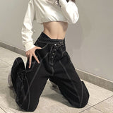 Harajuku Fashion Eyelet Waist Buckle High Waisted Jeans Women Personality Slim Casual Black Pants All Match Straight Trousers