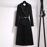 Long Dress Belt Patchwork One Piece Blazer Dress Women Elegant Office Ladies Long Sleeve Notched Female Autumn Midi Vestido