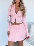 Mozision Autumn Casual Sweater Set Women Zipper Long Sleeve Cropped Tops And Pleated Mini Skirt Womens Knitwear Two Piece Set