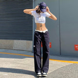 Fashion Vintage Multiple Pockets Denim Pants Women Y2k Streetwear Straight Low Waist Jeans Casual Slim Trousers Blue Black