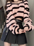 HiqdressSweet Off Shoulder Top Striped Knit Set Women's Spring Autumn Spicy Girls High Waist Pleated A-Line MiNi Skirt Two Piece Set Y2K