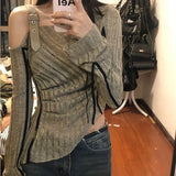 2024 Spring Autumn Grunge Fashion Off Shoulder T-shirts Streetwear Slim Hollow Out Knitted Top Women Patchwork 2k Aesthetic Tees