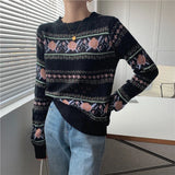 Vintage Print Women Clothes Sweater Hollow Out Long Sleeve Knitted Top  Autumn Sweaters Jumpers Pullover Stripe Jersey Mujer