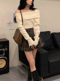 Off Shoulder Knitted Sweater Women Long Sleeve Elegant Pullovers Autumn Winter Pure Color Fashion Sexy Y2k Clothing Tops Korean