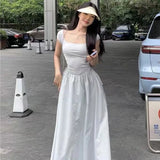 Elegant Dress Women White Sweet Kawaii Summer Midi Dress Korean Fashion Chic Shirring Square Collar Female Vestidos New