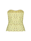 Yellow Floral Print Sleeveless Strapless Slim Cute Y2K Tube Top Women Lace Trim Shirring 2000sSummer Holiday Clothing