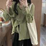 Harajuku Women Blouses Korean Fashion Green Pleated Oversized Basic White Shirts Vintage Long Sleeve Sunscreen Cardigan