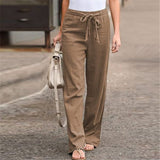 Women Cotton Linen Pants Fashion Solid Color Elastic Waist Loose Straight Pants Female Ankle-length Trousers Summer Casual Pants