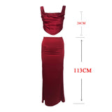 Wine Christmas Dress Women Satin 2 Piece Dress Set Elegant Bodycon Corset Cropped Top and Long Skirt Women Clothing