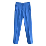 HiqdressWomen Light Blue Chic Fashion Office Wear Straight Pants Vintage High Waist Zipper Fly Female Trousers Fashion