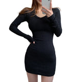 Korean Autumn/Winter Dress Solid  Spring Outfits V-neck Slim Fit Sexy Wrap Hip Elastic Long Sleeve Dress