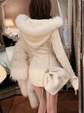 2022 Winter Knitted Sweater Dress with Hooded Women Slim Bodycon Y2k Mini Dress Faux Fur Female One Piece Dress Korean Elegant