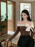 Coquette Off Shoulder Black T-shirts Women Korean Style Chic Bow Brown Long Sleeve Tees Sweet Sexy Patchwork Slim Tops