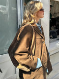 Fashion Brown Lapel With Pocket Jacket Woman Casual Single Breasted Long Sleeve Short Coat Lady Autumn High Street Outwear