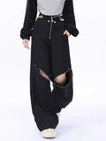 Y2K Black Cargo Pants Women Baggy Punk Style Zipper Trouser Hip Hop Gyaru Streetwear High Waist Pant Techwear Hollow Out