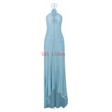 Blue Elegant and Beautiful Womens Dresses for Beach Sexy Halter See Through Mesh Dress Floor Length Appliques Dress