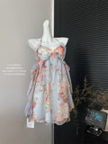 Summer French Vintage Mini Fairy Chiffon Floral Lantern Sleeve Dress Women Mori Romantic Frock Evening Court One-Piece Gyaru New