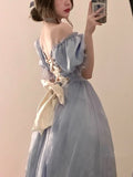 Vintage Elegant Midi Dresses Women Spring Blue Patchwork Retro Evening Party Dress  French Sweet Korean Princess Fairy Dress