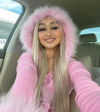 HiqdressFaux Fur Hooded Jackets Women Pink Star Zippers Sweatshirts Y2k Streetwear Fashion Diamond Patchwork Fur Jacket New Crop Tops