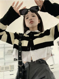 HOUZHOU Vintage Y2K Striped Cropped Sweater Cardigan Women Kpop Knitted Tops Korean Streetwear Harajuku Jumper Two Piece Set