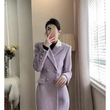 Elegant Long Wool Blends Coats Women Korean Quilted Blazer Jackets Double Breasted Woolen Overcoat Winter Thick Outerwear