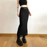 Y2K Black Long Skirts Women Harajuku Sexy Mesh Patchwork Wrap Skirt Summer Gothic Korean High Waist Slim A Line Faldas New