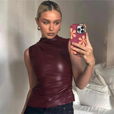 HiqdressPU Leather Tank Top High Fashion Asymmetrical Ruched Sleeveless Blouse Winter Sexy T Shirt For Women Y2K Clothes