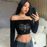 Off Shoulder Sexy Gothic Crop Top T-Shirts Women Clothes crop Rhinestone Skeleton Grunge Clothing Tee Y2K Shirt Core Tops vegan