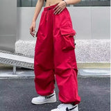 HiqdressWomen Big Pockets Cargo Pants Y2k High Elastic Waist Drawstring Baggy Trousers Vintage Casual Loose Side Zipper Straight Pants