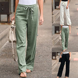 Women Cotton Linen Pants Fashion Solid Color Elastic Waist Loose Straight Pants Female Ankle-length Trousers Summer Casual Pants