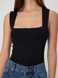 Black Solid Basic Skinny Square Collar Sleeveless Bodysuit Women