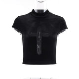 Hiqdress-Goth Dark Cross Sheer Mall Gothic Women T-shirts Grunge Aesthetic Punk Sexy Emo Black Top Streetwear Fashion Alternative Clothes