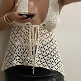 Vintage Knitted Front Tie Up Tank Vest Beach Crochet Hollow Out Halter Tops Women Sexy Backless Crop Tops Y2K Summer Holiday