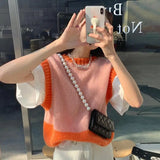 Korean Style Fashion Sweater Vest Women's Spring 2024 New O Neck Patchwork Loose Pullover Female Chic Sweater Lazy Knitted Top