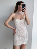 Elegant Spaghetti Strap Lace Bodycon Dress White Satin Sexy Birthday Night Party Dress Mini Women Summer Dress