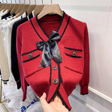 Knitted Cardigan Female Red Short Fashion Sweater women's Loose Bow Solid Long-Sleeved Kawaii  Autumn High-Waist Knitted Top