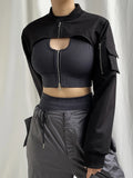 Zip Up Stand Collar Long Sleeve Black Cropped Jackets Women Pocket Safari Style Streetwear