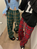 QWEEK Korean Fashion Red Plaid Pants Women Y2K Vintage Green Oversized Wide Leg Checkered Trousers Harajuku Jogging Sweatpants