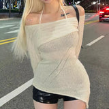 Dourbesty Harajuku Sweaters Y2k Asymmetrical Chic Korean Fashion Knitted Pullovers For Women Halter Camisole + Slash Neck Tops