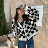 Fashion Harajuku Black and White Patchwork Cardigan Sweater Women Fall Long Sleeve Streetwear Tops Korean Y2k Sweater New