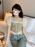 Casual Floral Y2k Crop Tops Woman Outwear Slim Short Sleeve Elegant Blouse Office Lady Korean Style Fashion Pullover Summer