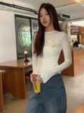 Vintage Elegant Sexy T Shirts Women Korean Fashion Sweet Rose Design Fake Two-piece Longsleeve Solid Slim Tee Tops