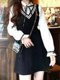 QWEEK Preppy Style School Dress Polo Korean Fashion Kawaii Student Fake Two Pieces Mini Short Dresses 2023 Autumn Chic