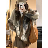 Preppy Knitted Cardigan Women Vintage Argyle Knit Sweater Female Autumn Winter V-neck Button Cardigans Lady Loose Soft Tops Coat