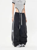 Hiqdress Y2K Kpop Cargo Pant Women Drawstring Pockets Wide Leg Chic Punk Pants Baggy Striped Sports Sweatpants Parachute Jogger Trousers